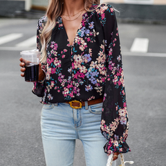 Mabel - Floral Blouse with Ruffle Cuffs — Black