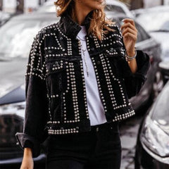 Dominique - Studded Jacket with Fur Collar — Black
