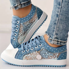 Suzanne - Denim Lace Print Sneakers — Light blue