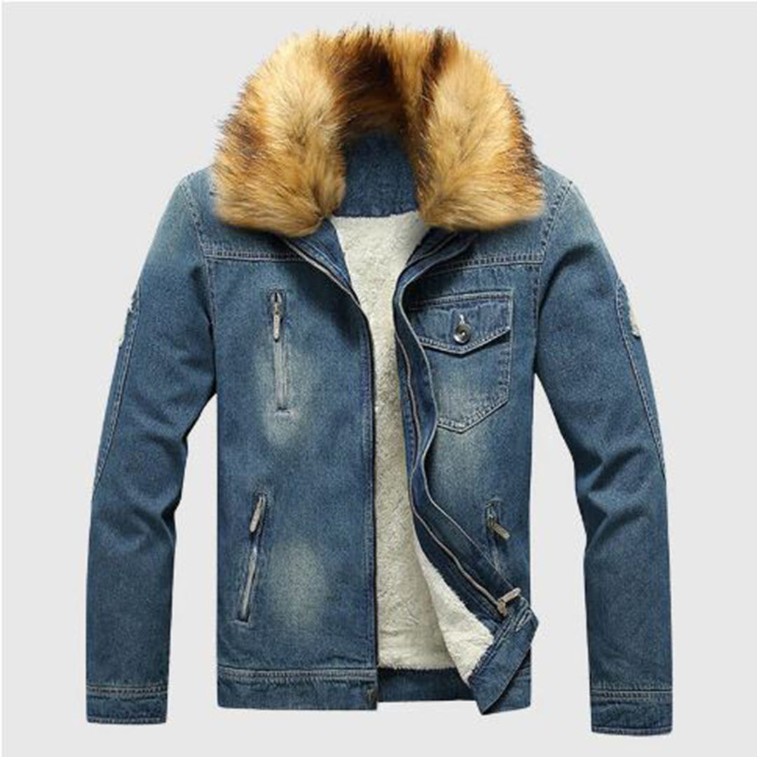 Roderick - Denim Jacket with Sherpa Collar — Blue/Brown
