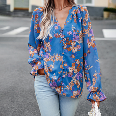 Mabel - Floral Blouse with Ruffle Cuffs — Blue