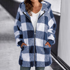 Beatrix - Check Hooded Fleece Coat — Blue