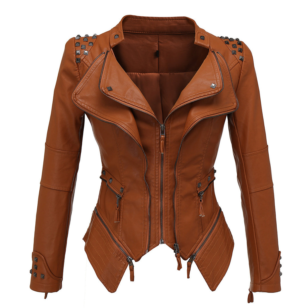 Miriam - Studded Biker Jacket — Brown