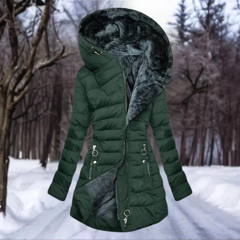 Theodora - Hooded Puffer with Plush Lining — Dark green