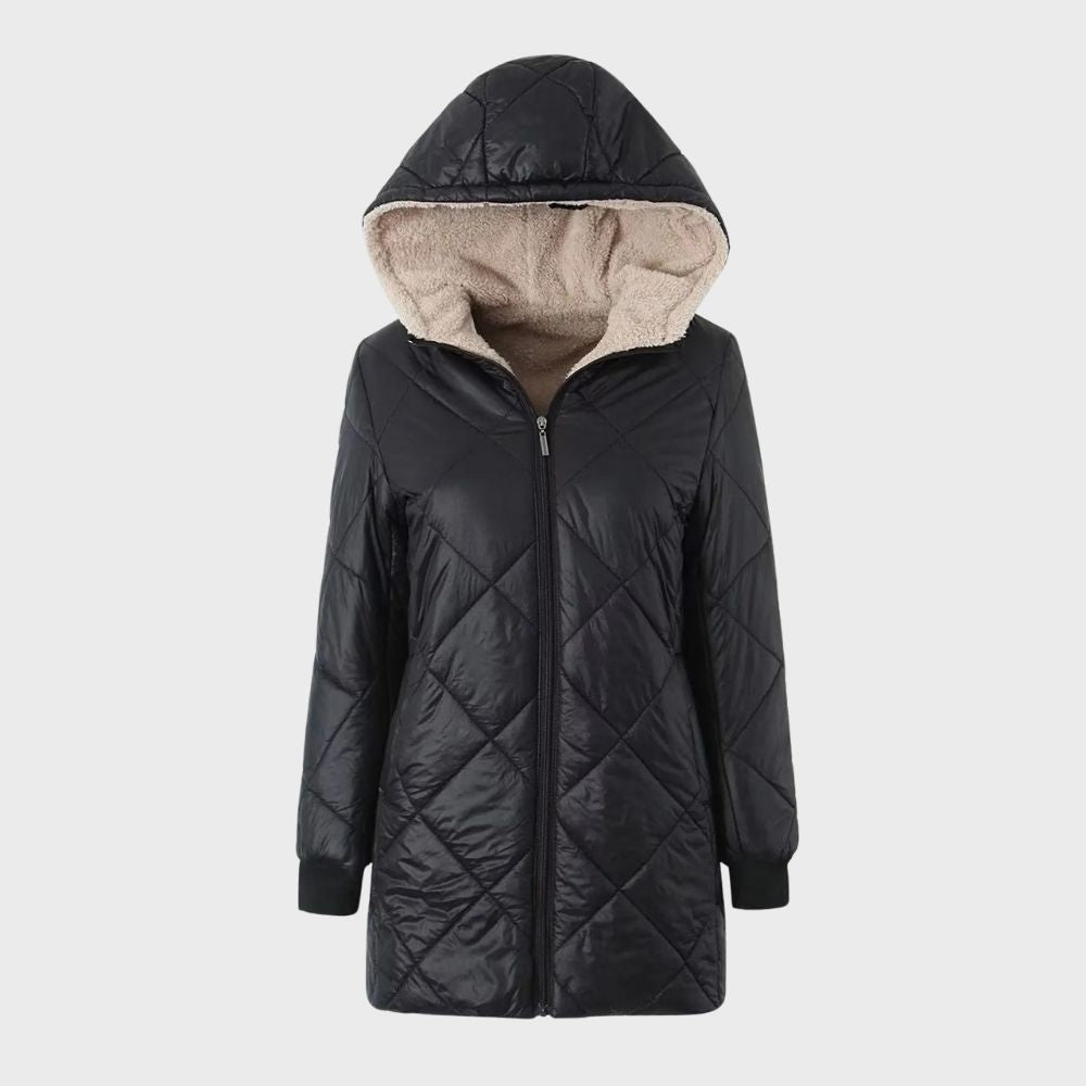 Belinda - Quilted Hooded Long Coat — Black