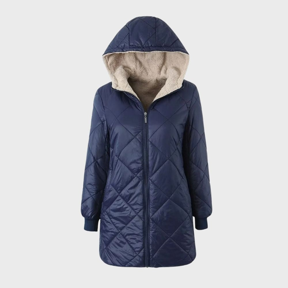 Belinda - Quilted Hooded Long Coat — Navy