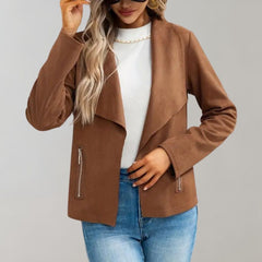 Arlette - Suede Drape Front Jacket — Coffee
