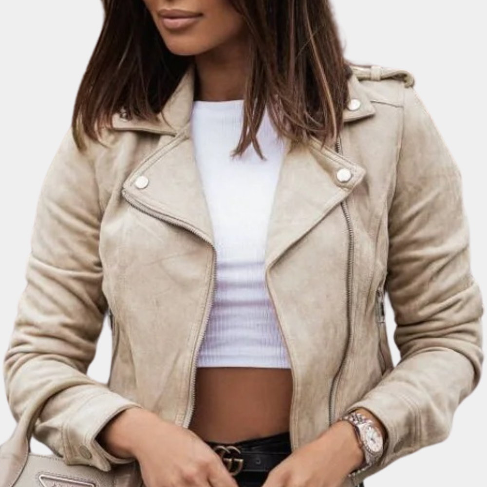 Beatrice - Cropped Suede Biker Jacket — Apricot