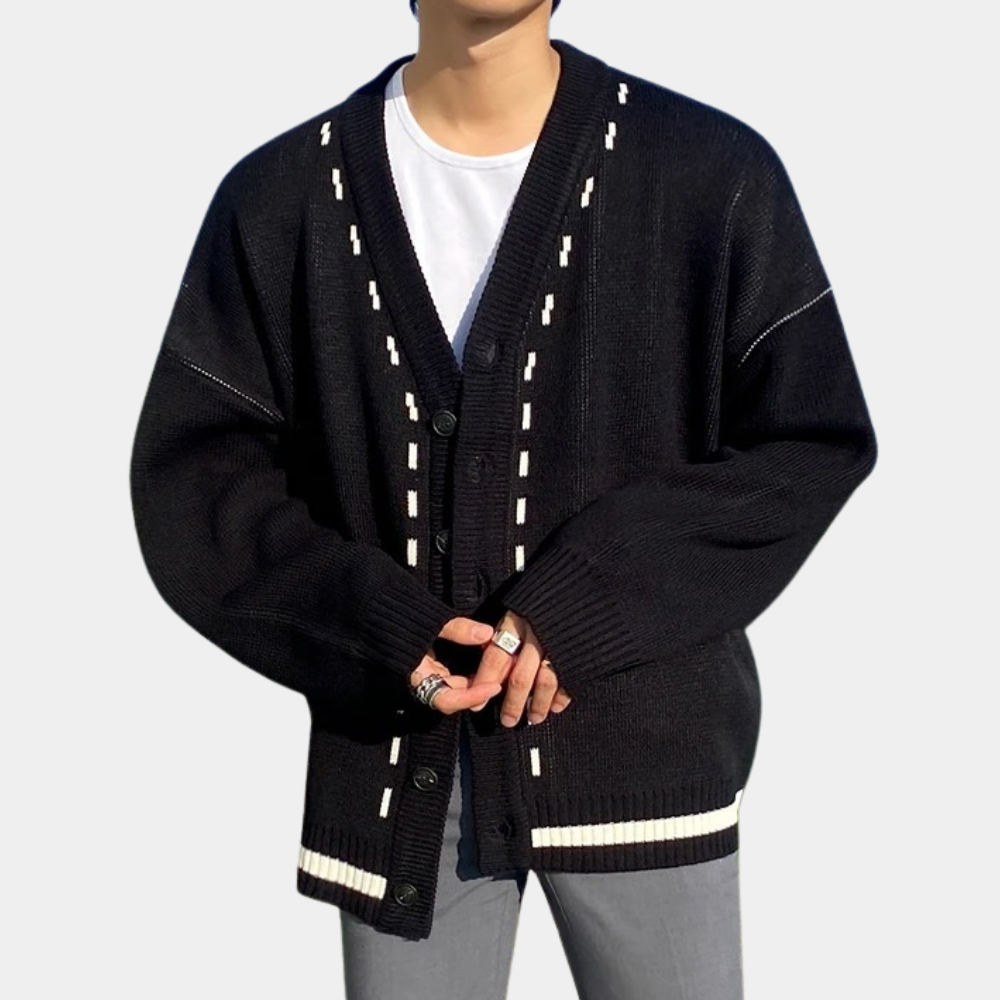Nathaniel - Cardigan with Contrast Stitch — Black