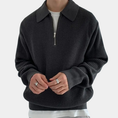 Jonathan - Ribbed Half Zip Polo Jumper — Black