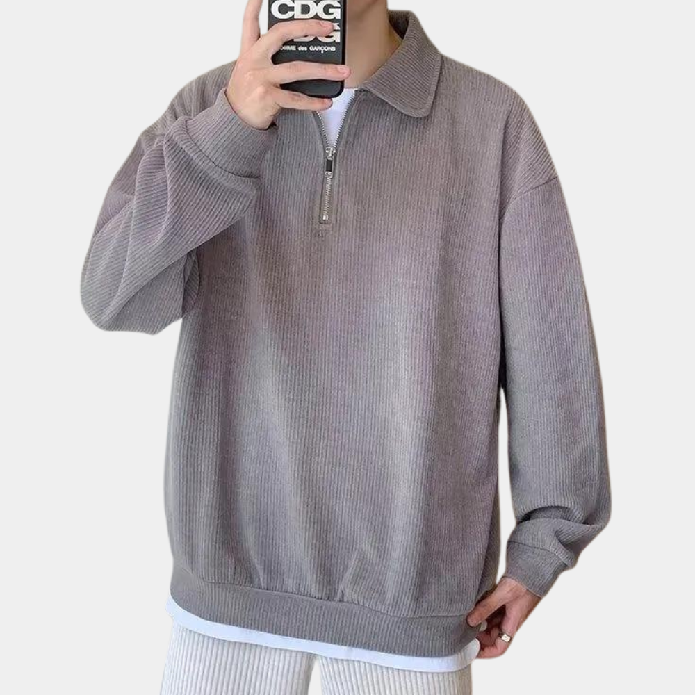 Jonathan - Ribbed Half Zip Polo Jumper — Grey