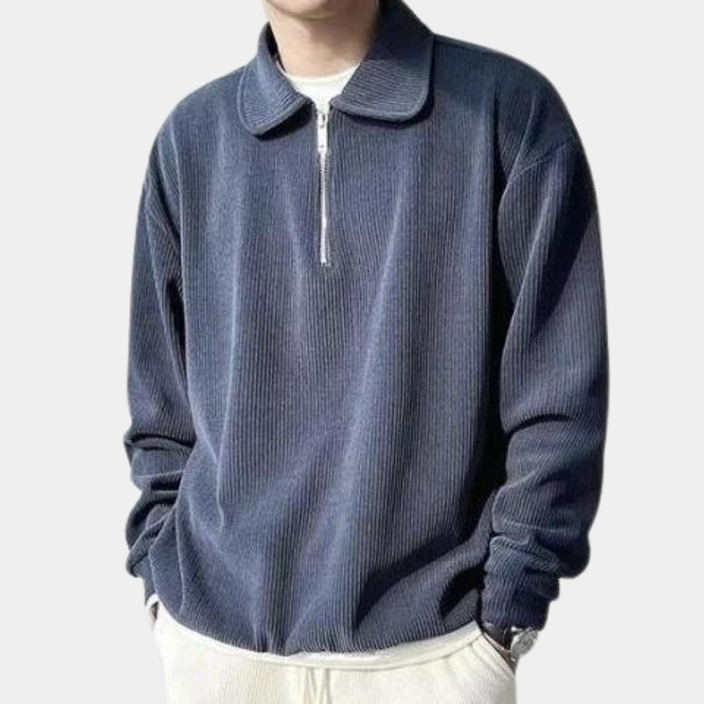 Jonathan - Ribbed Half Zip Polo Jumper — Navy blue