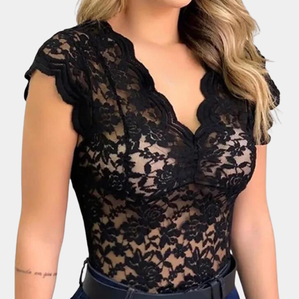 Gwendolyn - Lace V Neck Top — Black