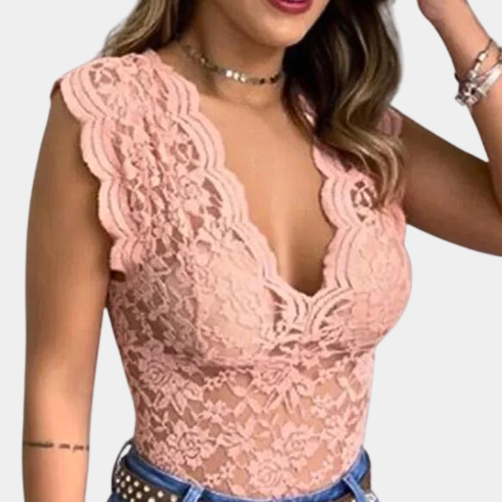 Gwendolyn - Lace V Neck Top — Pink