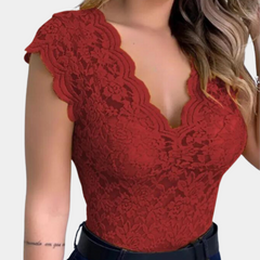 Gwendolyn - Lace V Neck Top — Red