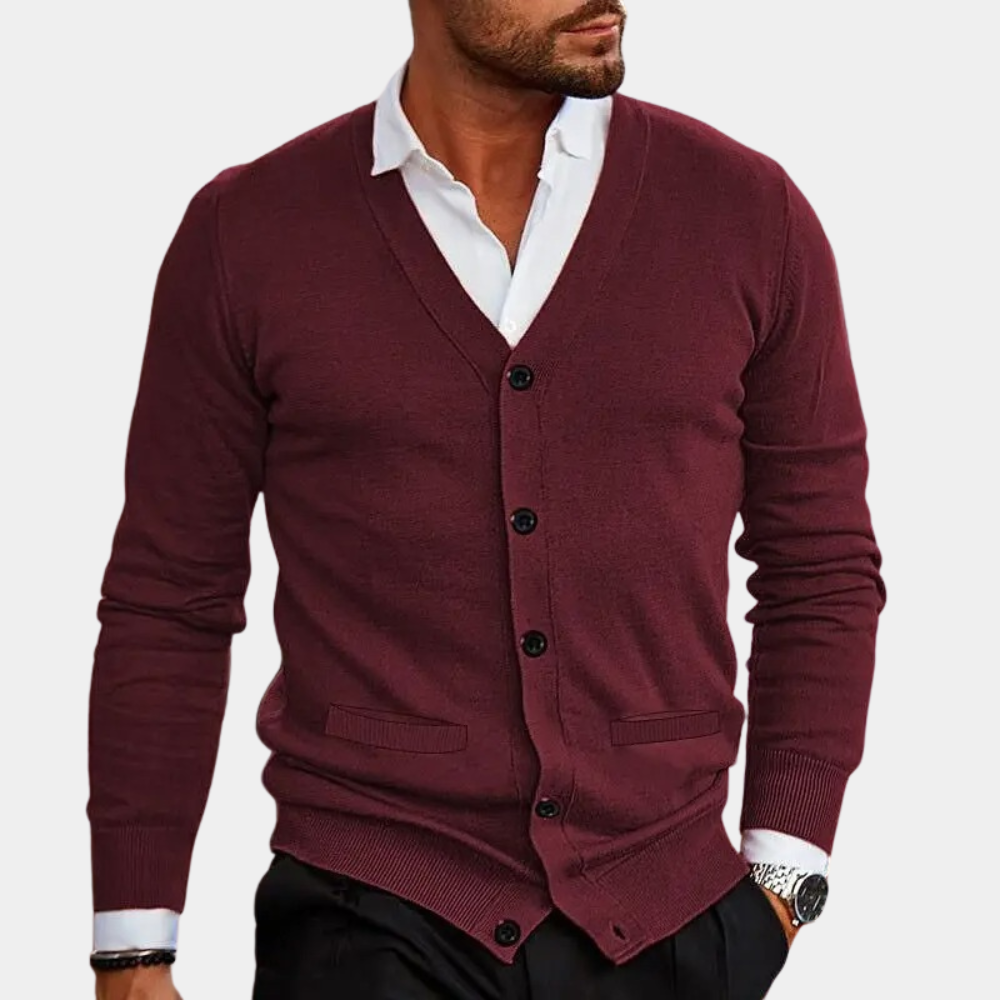 Francis - V Neck Button Cardigan — Dark red