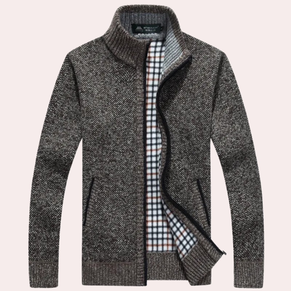 Sylvester - Zip Cardigan with Check Lining — Coffee