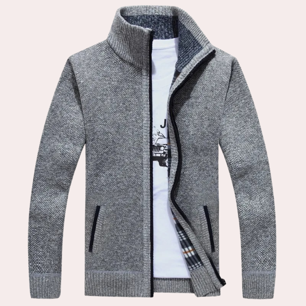 Sylvester - Zip Cardigan with Check Lining — Light grey