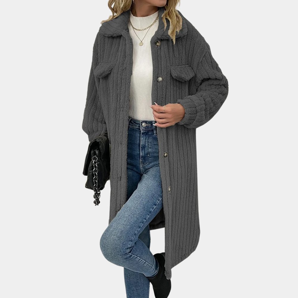 Celeste - Teddy Long Cardigan Coat — Dark grey