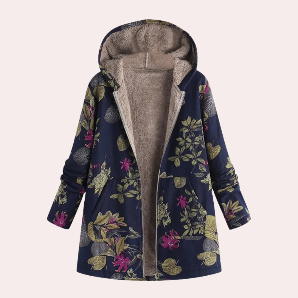 Frances - Floral Hooded Fleece Coat — Dark blue