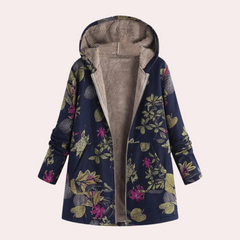 Frances - Floral Hooded Fleece Coat — Dark blue
