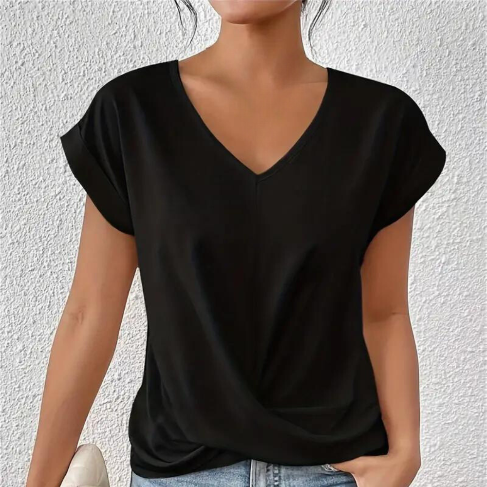 Henrietta - Twist Front V Neck Top — Black