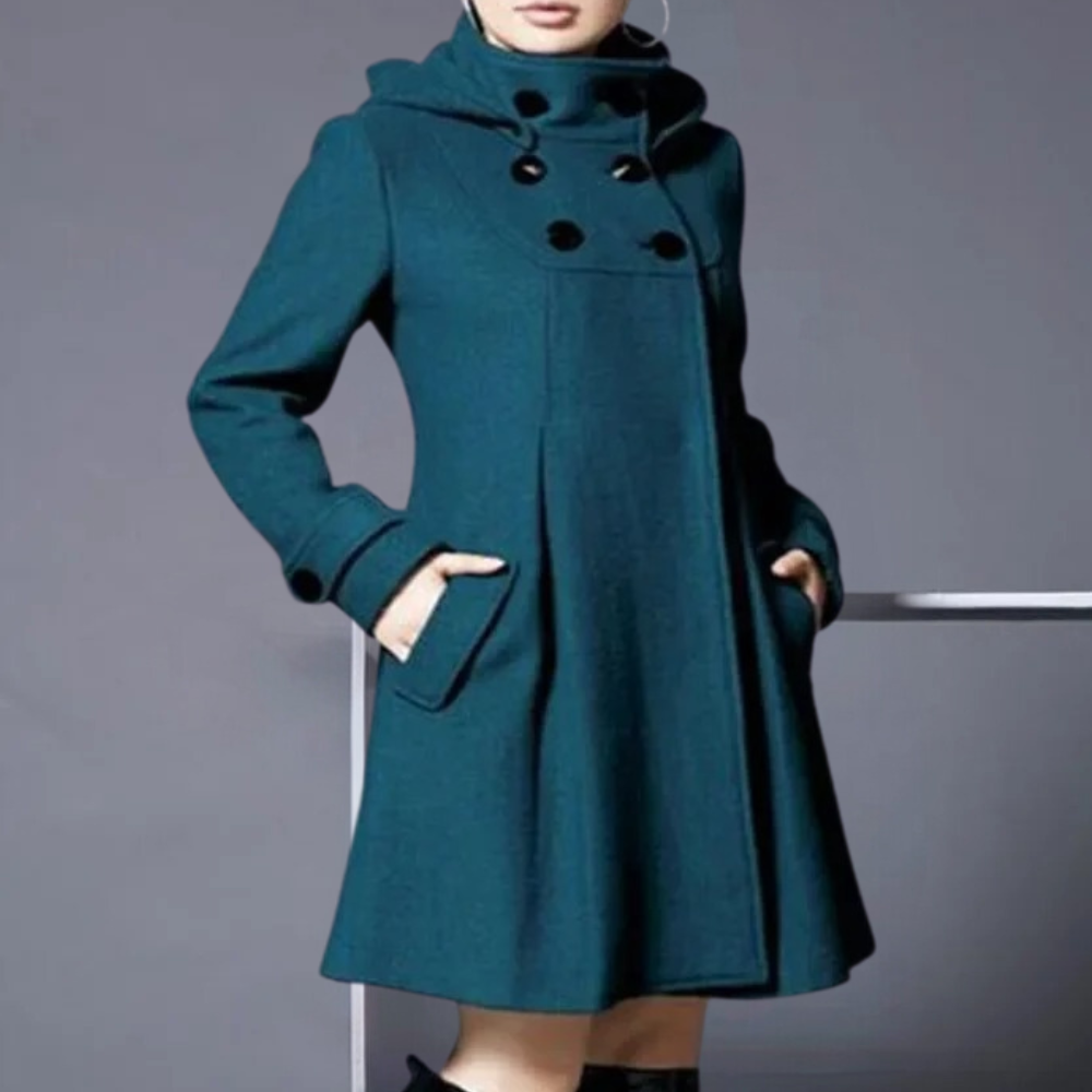 Rochelle - Hooded Flared Coat with Toggles — Dark green