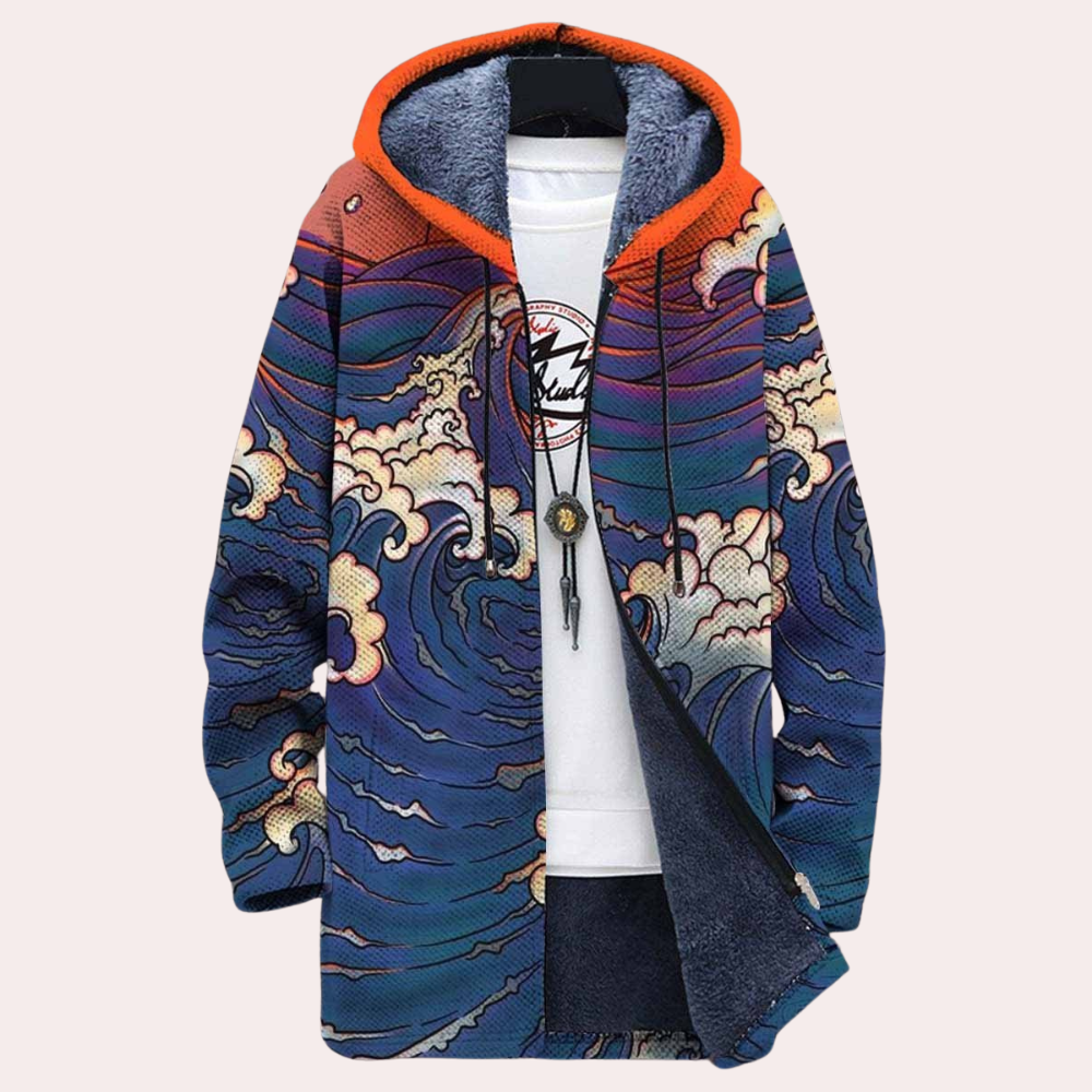 Arlo - Cat Print Hooded Coat — Blue