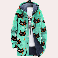 Arlo - Cat Print Hooded Coat — Green