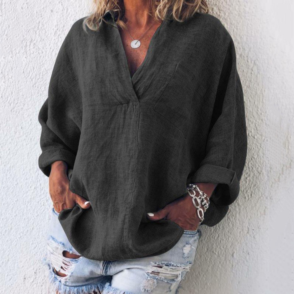 Evangeline - Oversized Linen V Neck Top — Black