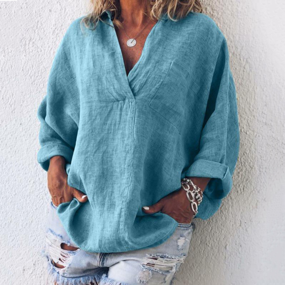 Evangeline - Oversized Linen V Neck Top — Blue