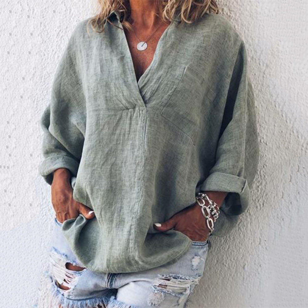 Evangeline - Oversized Linen V Neck Top — Grey
