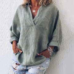 Evangeline - Oversized Linen V Neck Top — Grey