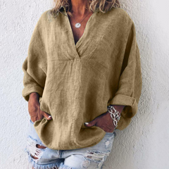 Evangeline - Oversized Linen V Neck Top — Khaki