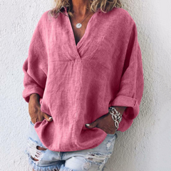 Evangeline - Oversized Linen V Neck Top — Pink