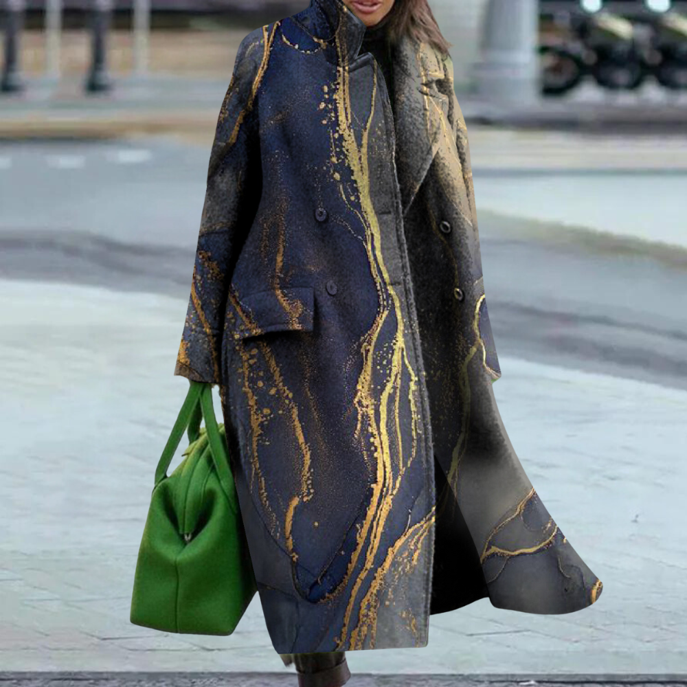 Delilah - Marbled Print Long Coat — Navy blue