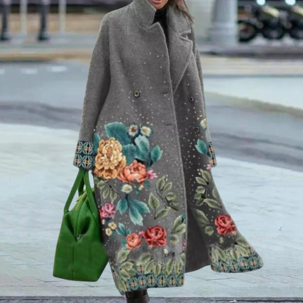 Delilah - Marbled Print Long Coat — Grey floral