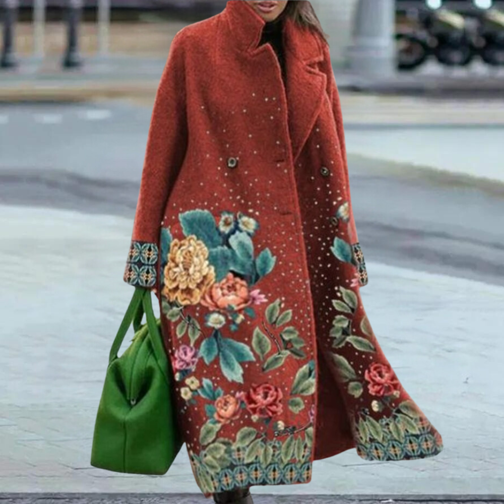 Delilah - Marbled Print Long Coat — Red