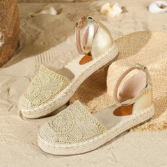 Fleur - Lace Espadrille Sandals — Beige