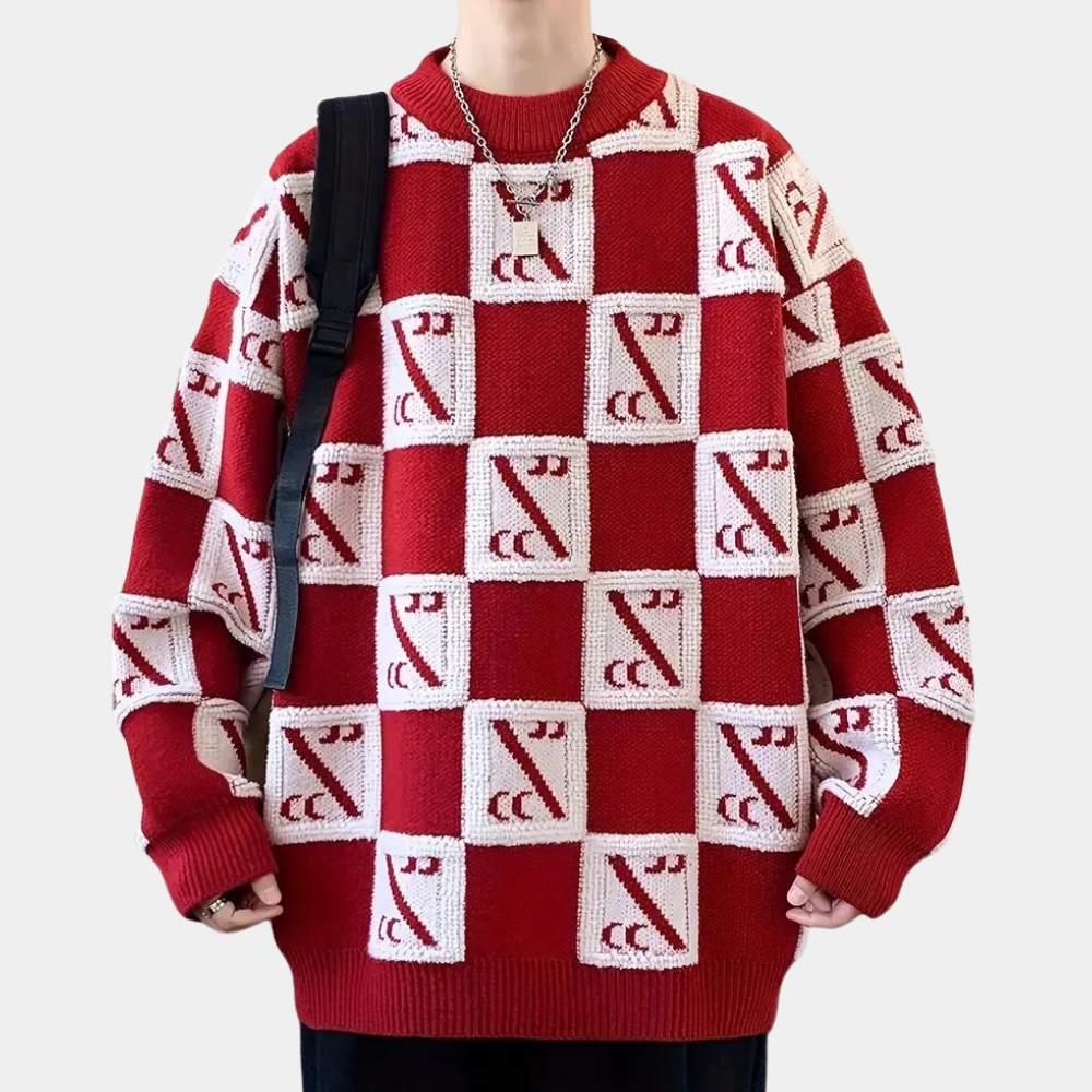 Sheldon - Checkerboard Knit Jumper — Red