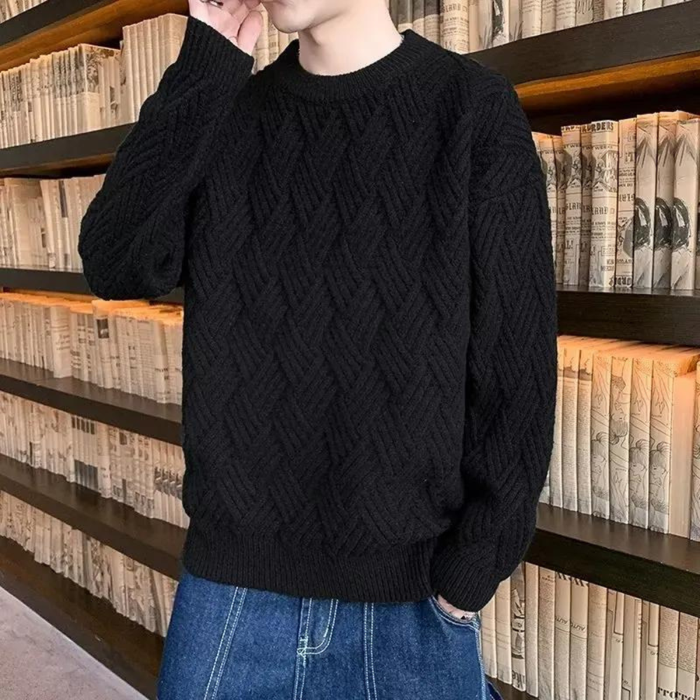 Stephen - Textured Knit Crew Jumper — Black