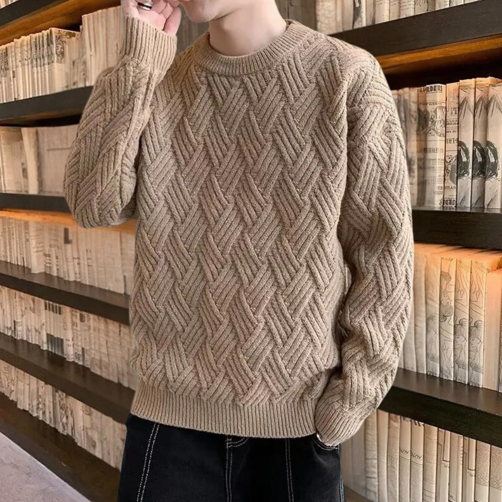 Stephen - Textured Knit Crew Jumper — Brown