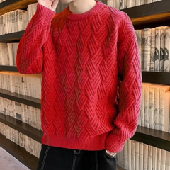 Stephen - Textured Knit Crew Jumper — Red