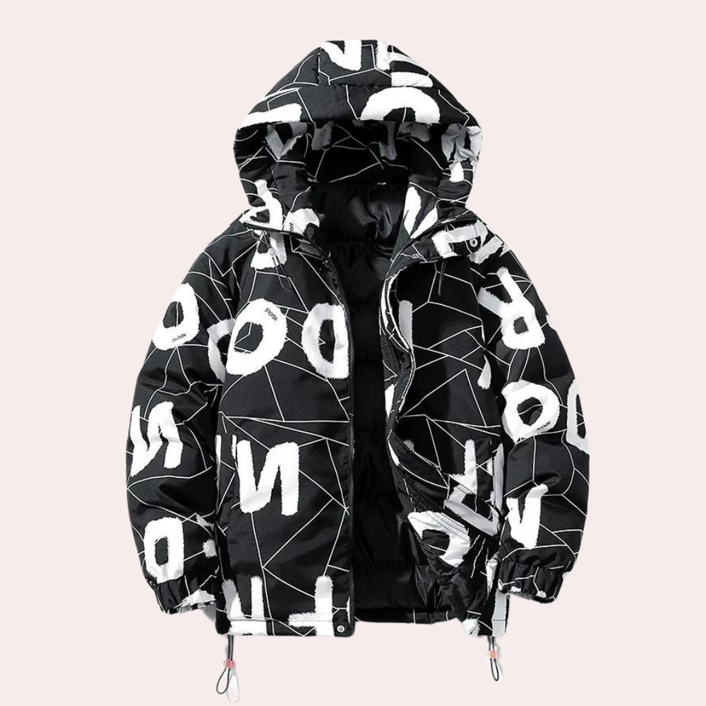 Garrett - Letter Print Puffer Jacket — Black