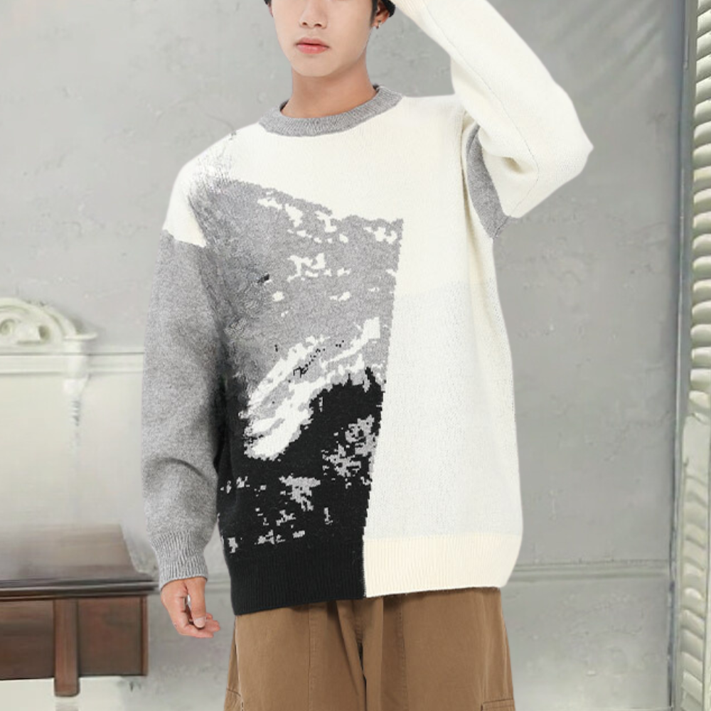 Dashiell - Abstract Print Knit Jumper — Black and Grey