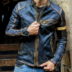 Ronald - Distressed Leather Biker — Blue