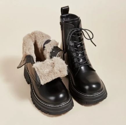 Clarissa - Lace up Boots with Fur Turn — Black