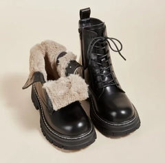 Clarissa - Lace up Boots with Fur Turn — Black