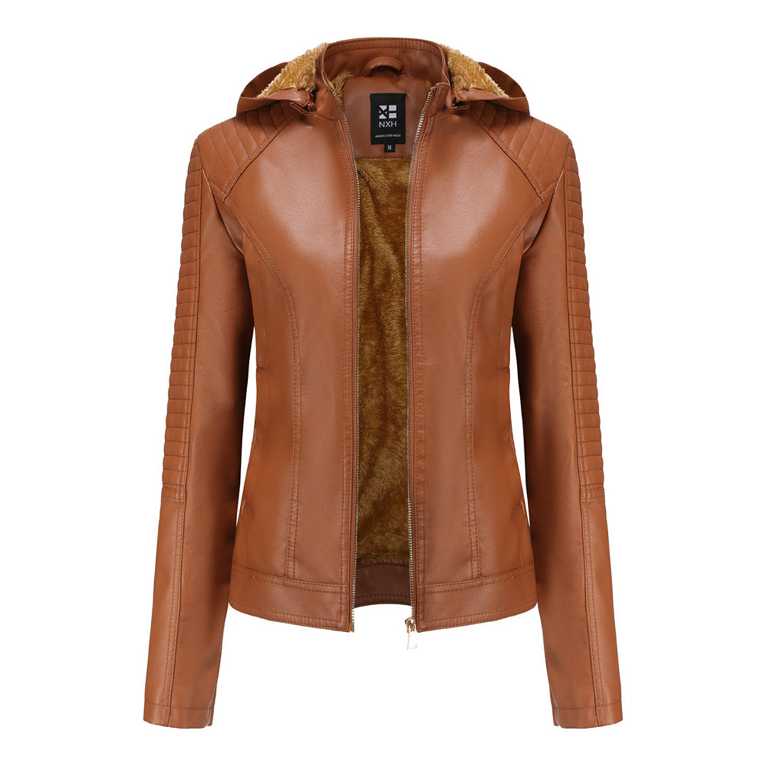 Roxanne - Hooded Faux Leather Jacket — Camel