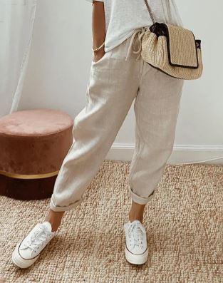 Catherine - Linen Joggers with Cuffs — Beige